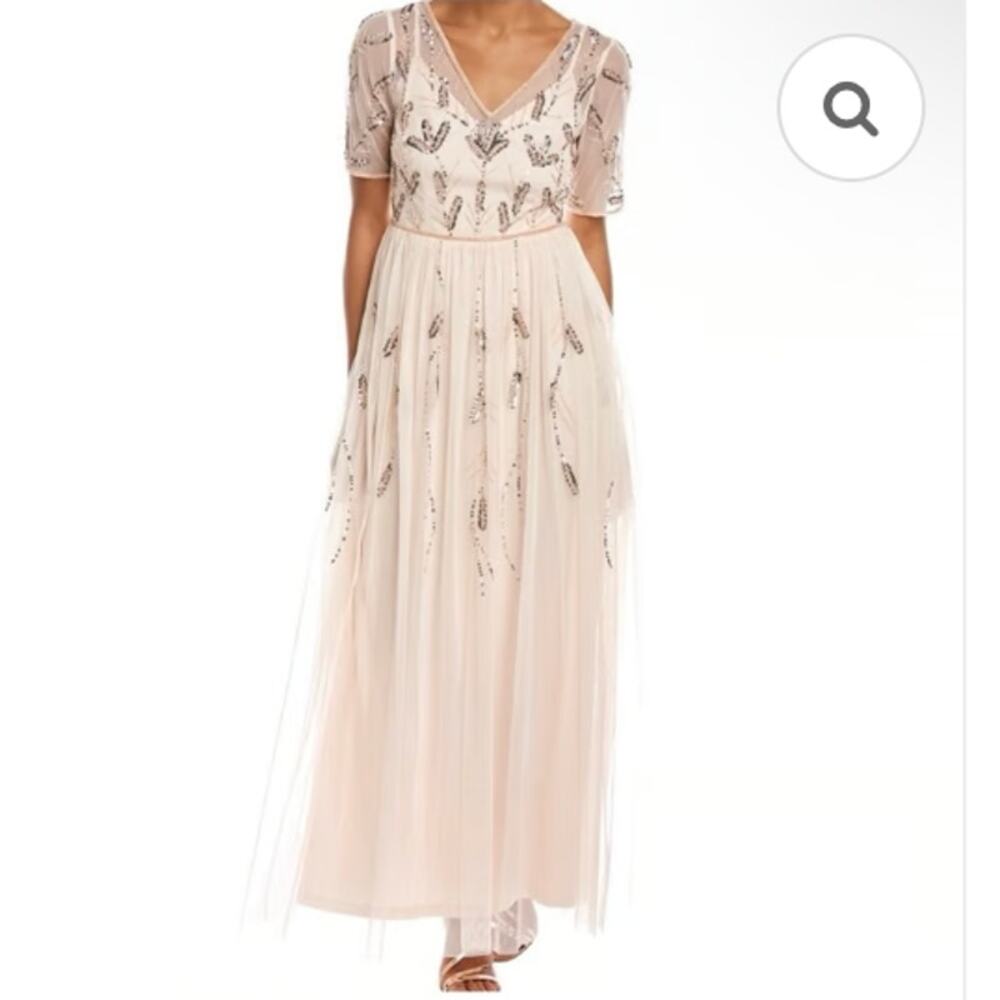 NWT Adrianna Papell Beaded Illusion Bateau Neck Blush Chiffon A-Line Gown 6